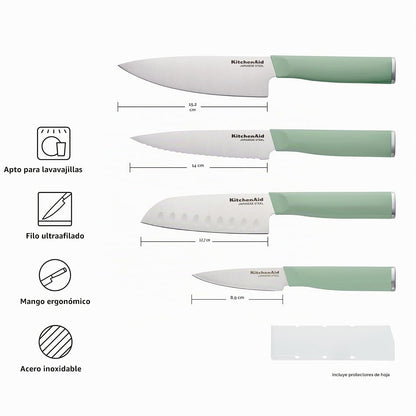 KitchenAid - Juego de chef con cubiertas de ajuste personalizado, cuchillo de cocina afilado, hoja de acero inoxidable japonés de alto carbono, 4 piezas, pistacho