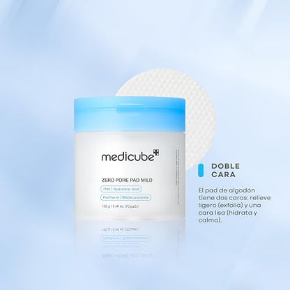 MEDICUBE Zero Pore Madecassoside Pads Mild, Pads Tonificantes Faciales con PHA, Madecassoside, Pantenol y Ácido Hialurónico, Exfoliación Suave para Piel Sensible, 70 Pads