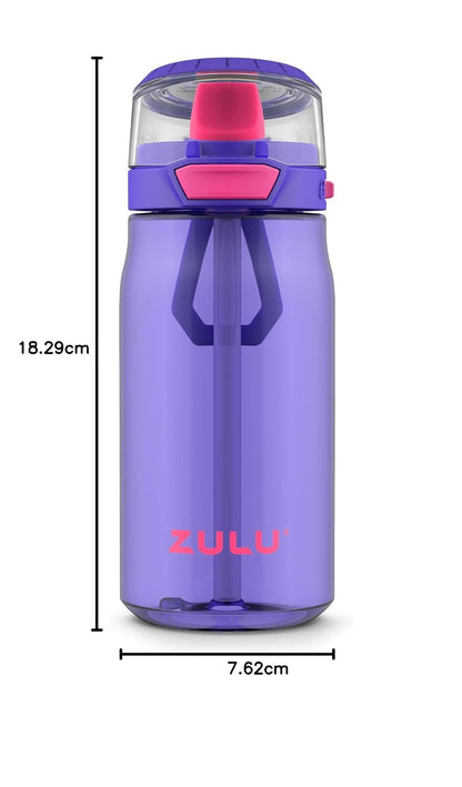 ZULU Kids Flex - Botella de agua de plástico Tritan de 16 onzas con boquilla de silicona, tapa abatible a prueba de fugas y bucle de transporte suave al tacto para mochila escolar, lonchera y deportes