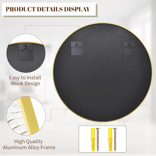 Espejo Redondo de 30 Pulgadas, Espejo Circular con Marco de Metal Dorado, Espejo de Pared para Entrada, baño, Cambiador, Sala de Estar, Espejo Circular Dorado