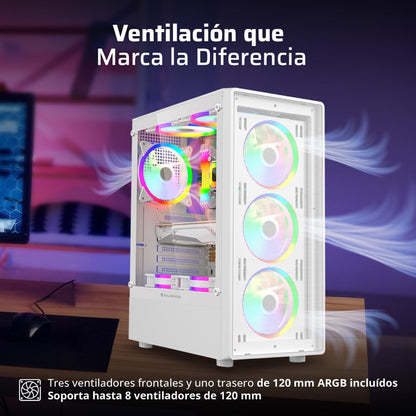 Balam Rush Gabinete Gamer Dragonfly Perform Aircool GM590AW ATX Media Torre 4 Fan RGB Cristal Templado USB 3.0 Blanco BR-935999