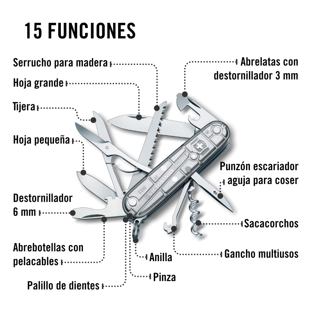 Victorinox Navaja Huntsman Silver Tech, Plata Transparente, 15 Usos | Navaja resistente con tijeras y sierra para madera para camping y exterior. Incluye cuchilla y sacacorchos. Fabricado en Suiz