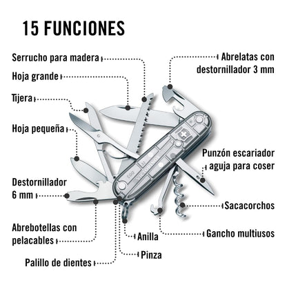 Victorinox Navaja Huntsman Silver Tech, Plata Transparente, 15 Usos | Navaja resistente con tijeras y sierra para madera para camping y exterior. Incluye cuchilla y sacacorchos. Fabricado en Suiz