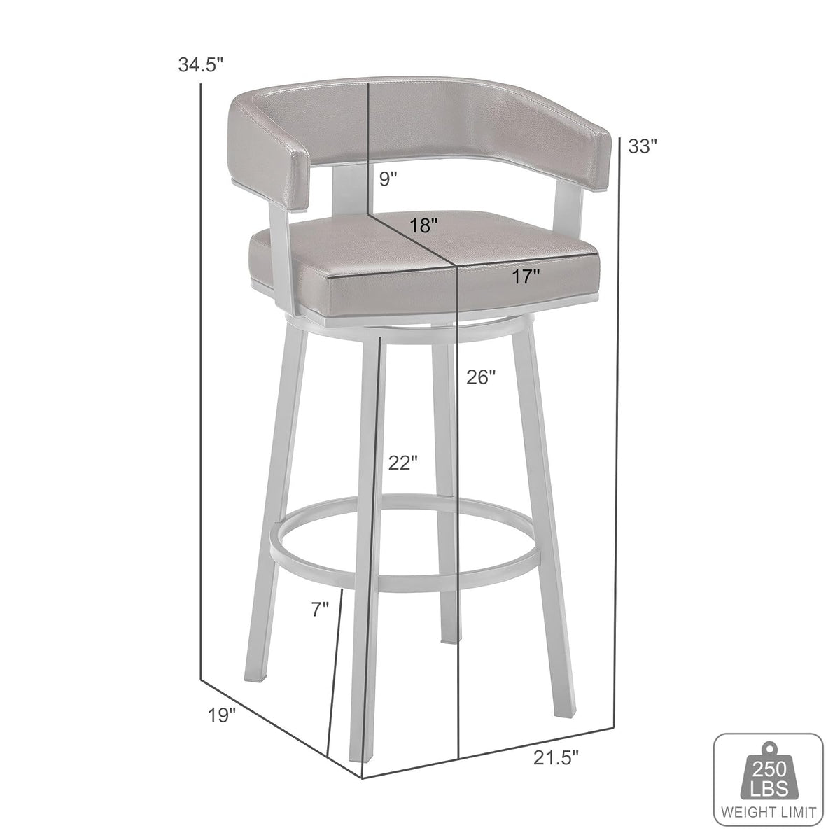 Lorin 26" Black Faux Leather and Brushed Stainless Steel Swivel Bar Stool