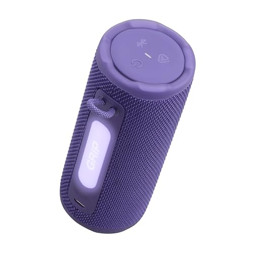 JBL Grip - Altavoz Bluetooth Compacto con Sonido Bold JBL Pro y luz Ambiental, hasta 14 Horas de Tiempo de reproducción, Agua, Polvo y caídas (IP68) y conexión multiparlante con Auracast (púrpura)