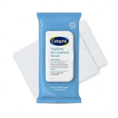 Cetaphil Toallitas de Limpieza Facial Ultra Suaves Piel Sensible 25 Toallas | Eliminan suciedad, maquillaje e impurezas sin resecar, con aloe vera, niacinamida y pantenol para todo tipo de piel sensible.