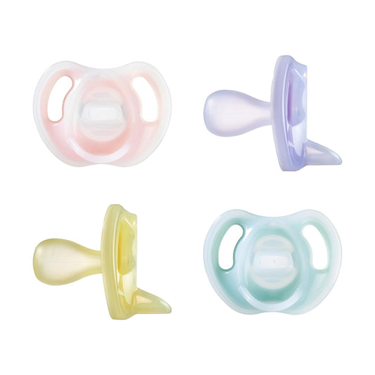 Tommee Tippee Chupón Ultra-Light, 6-18 Meses, Silicona, Paquete de 4 | Diseño Simétrico de Una Pieza, Chupón Libre de BPA, Rosa/Violeta/Amarillo