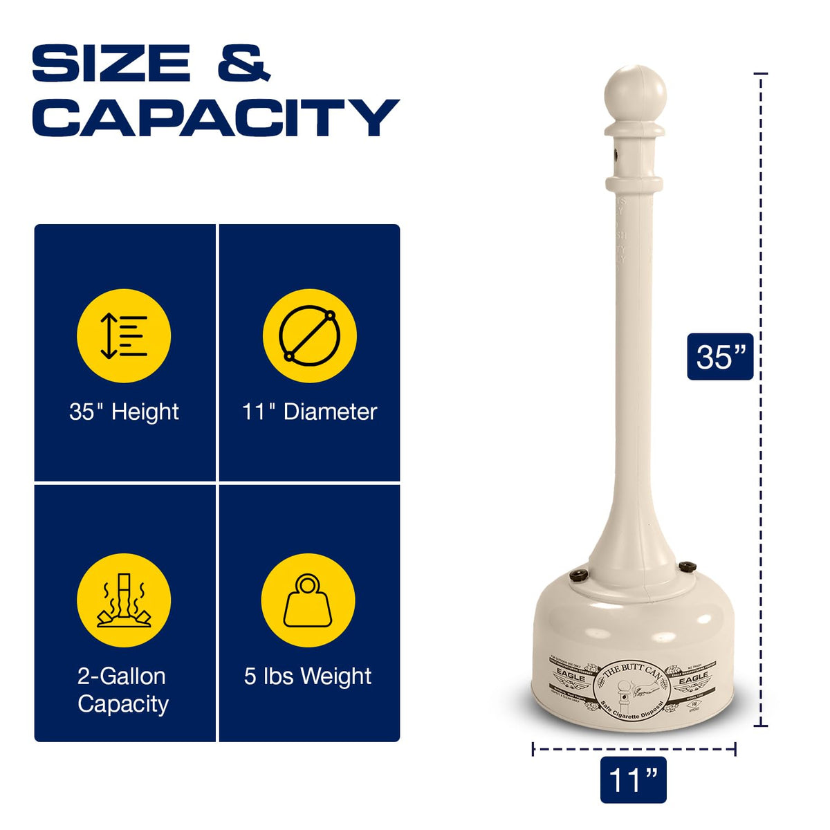 Eagle 1202BEI - Receptáculo de tope de cigarrillos de acero galvanizado, capacidad de 2 galones, 35 pulgadas de altura, 11 pulgadas de diámetro, beige