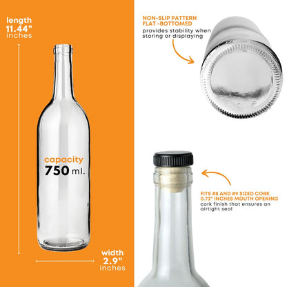 FastRack - Botellas de vino transparentes de 750 ml con 6 corchos de coñac con tapas de plástico (paquete de 6) botellas de color burdeo/parte superior de corcho de fondo plano | Ideal para