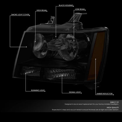 DNA Motoring Par de Faros Delanteros Halogen, Negro/Humo/Ámbar, HL-OH-CSA07-BK-SM-AM [compatible con Chevy Tahoe/Suburban/Avalanche 2007-2013]
