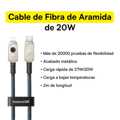 Baseus Cable de Fibra de aramida F-12 irrompible de Carga rápida y Datos Tipo-C a Lightning, 20W, 2m, Blanco
