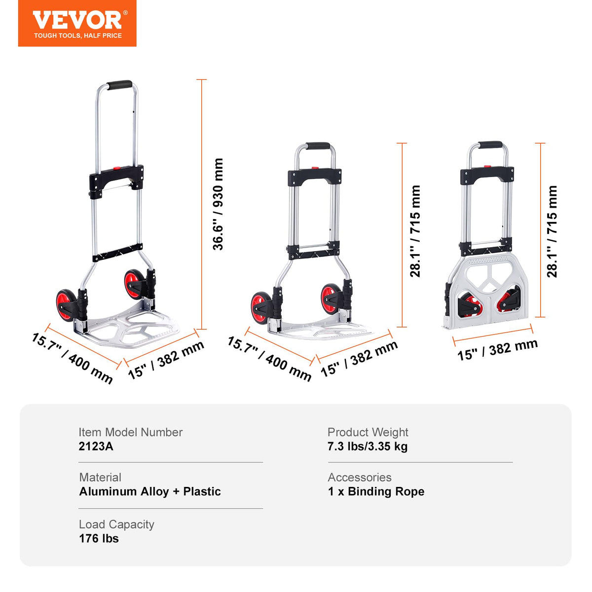VEVOR - Camión de Mano Plegable, Capacidad de Carga de 80 kg, Carro portátil de Aluminio, camión de Mano Convertible y Carro con asa telescópica y Ruedas de Goma, Ultraligero, súper Fuerte para