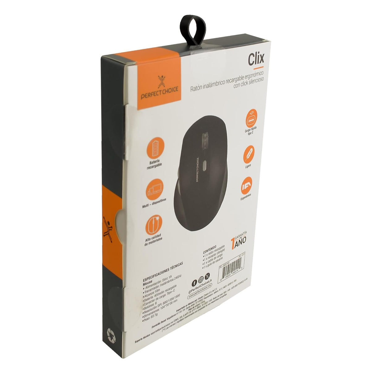 PERFECTCHOICE Perfect Choice Mouse Inalámbrico Clic Silencioso Recargable de Carga Rapida Tipo C dpi 1600 Clix (Negro)
