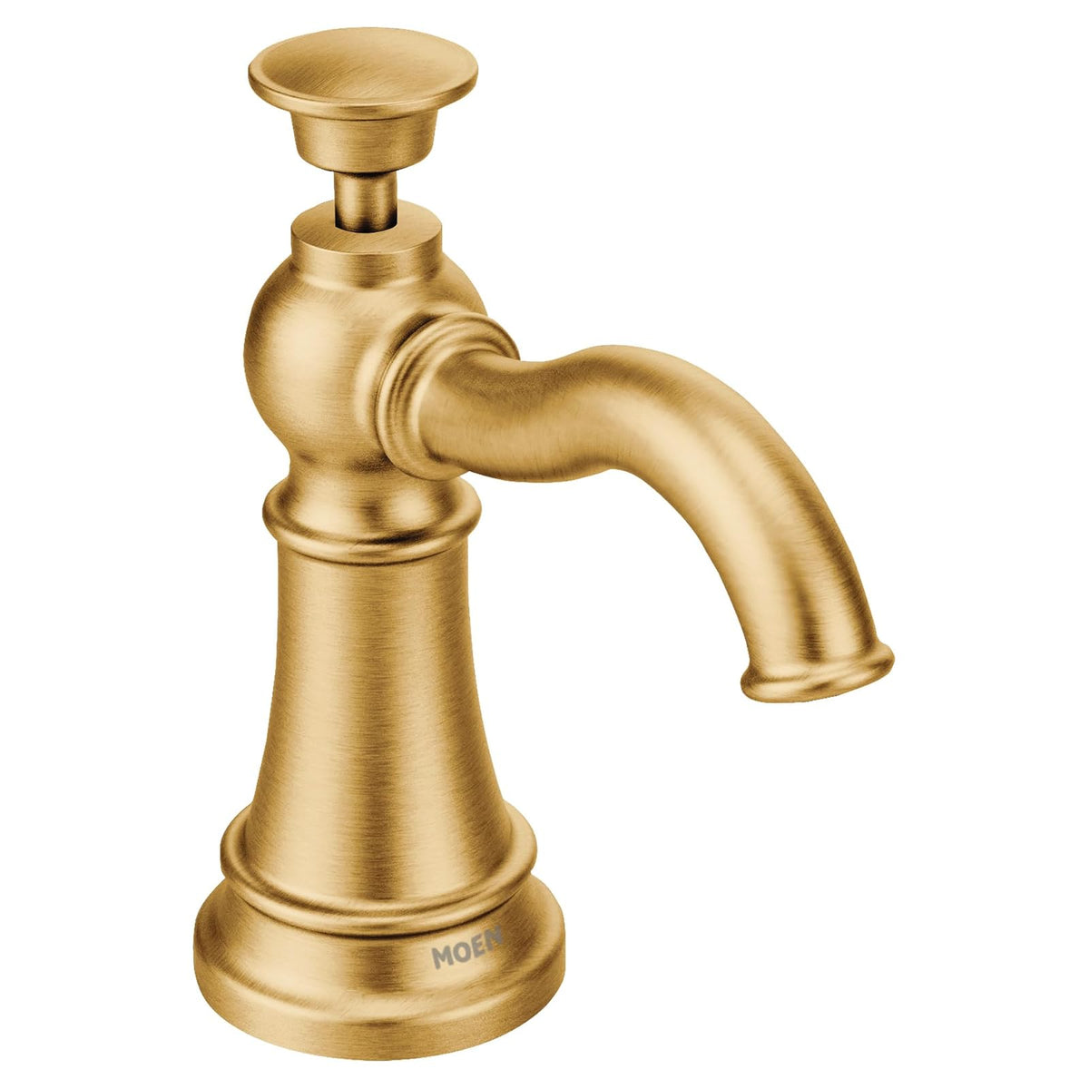 Moen Deck - Dispensador de jabón de cocina con botella recargable por encima del fregadero, Tradicional, 3.69x11.75x5.88, Oro cepillado