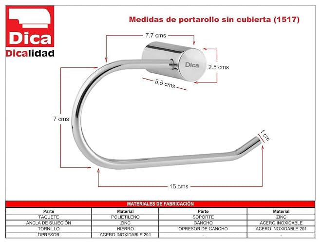 DICA, Portarollo sin Cubierta, Acero Inoxidable, Acabado Cromo Largo 149.6mm, 3 Años de Garantia, 1517