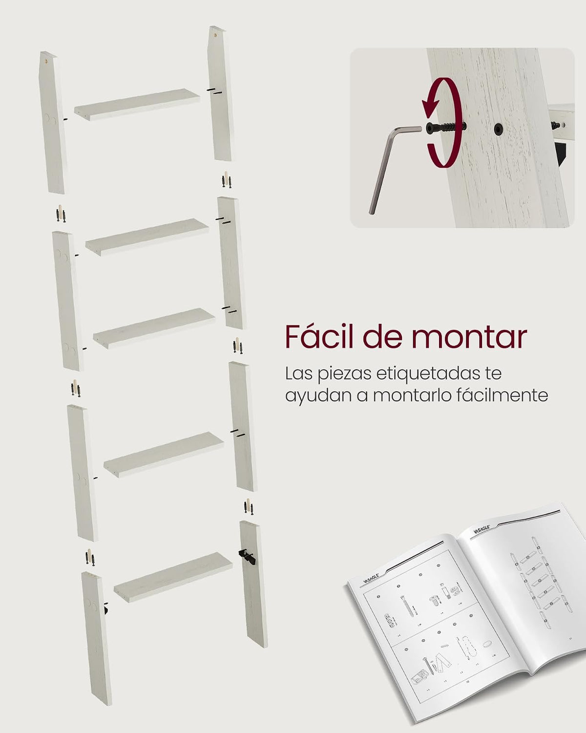 VASAGLE Toallero de 5 Niveles, Estante Para Toallas y Mantas, Organizador Escalera, Almacenamiento y Decoración, Blanco Rústico MLLS018W73