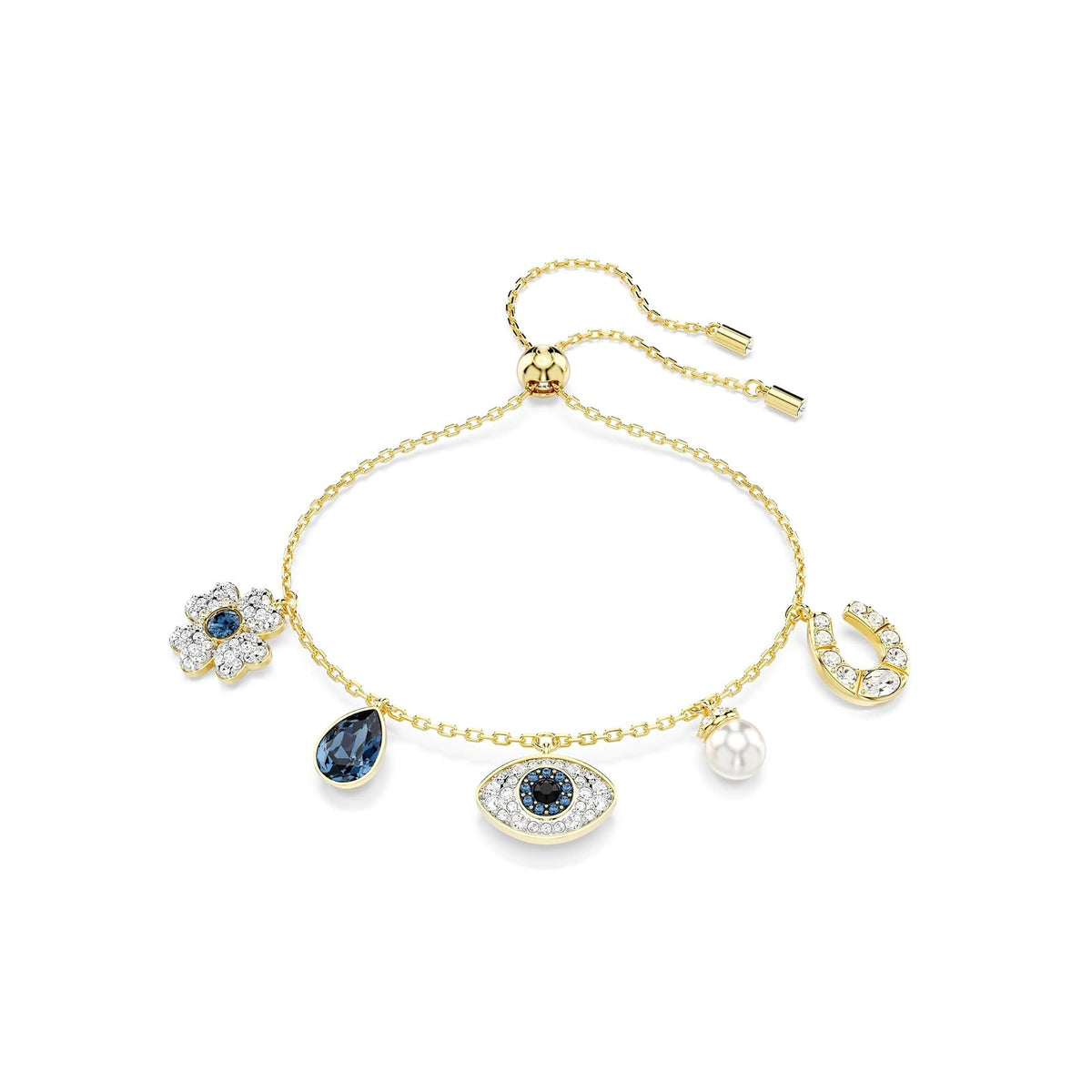 Pulsera Symbolica, trébol, mal de ojo y herradura, azul, acabado dorado, Una talla, Cristal, cristal