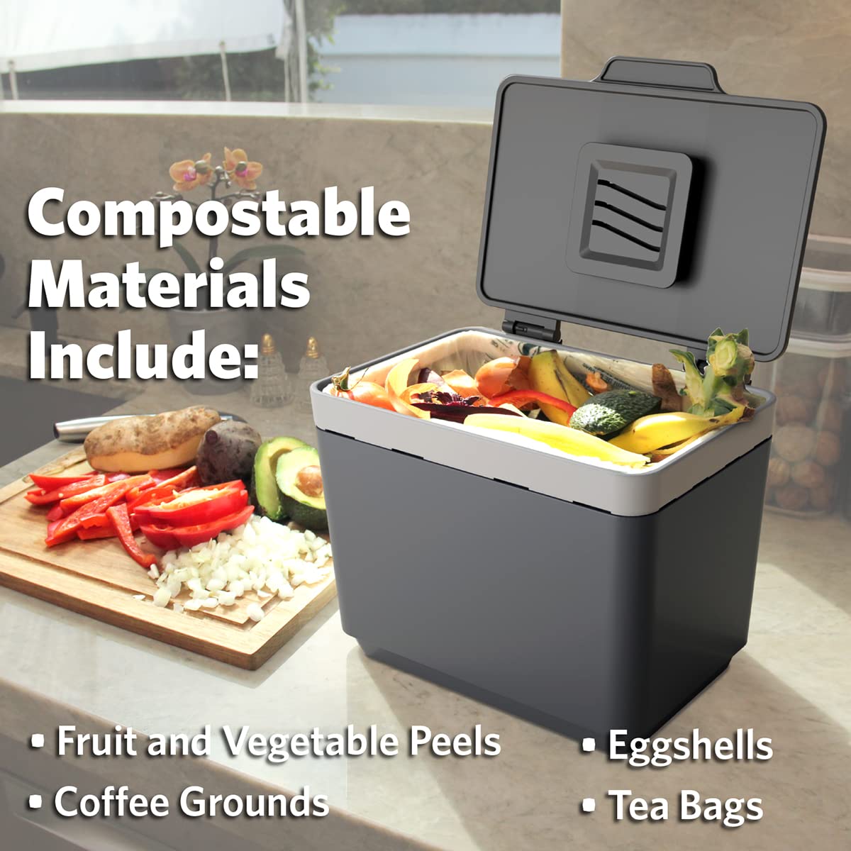 Glad Contenedor de Compost para Cocina, 1.5 galones | Contenedor de plástico con Cesta Interior extraíble, Soporte de Almacenamiento para Bolsas y filtros de Bloqueo de olores de Carbono, Gris