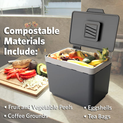 Glad Contenedor de Compost para Cocina, 1.5 galones | Contenedor de plástico con Cesta Interior extraíble, Soporte de Almacenamiento para Bolsas y filtros de Bloqueo de olores de Carbono, Gris