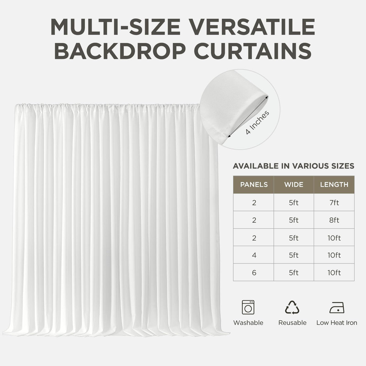 Joydeco - Cortinas de Fondo Blanco para Bodas, Fiestas, Cortinas de telón de Fondo para decoración de Boda, cumpleaños, Tela de poliéster sin Arrugas, 5 pies x 10 pies, 2 Paneles con Bolsillos para