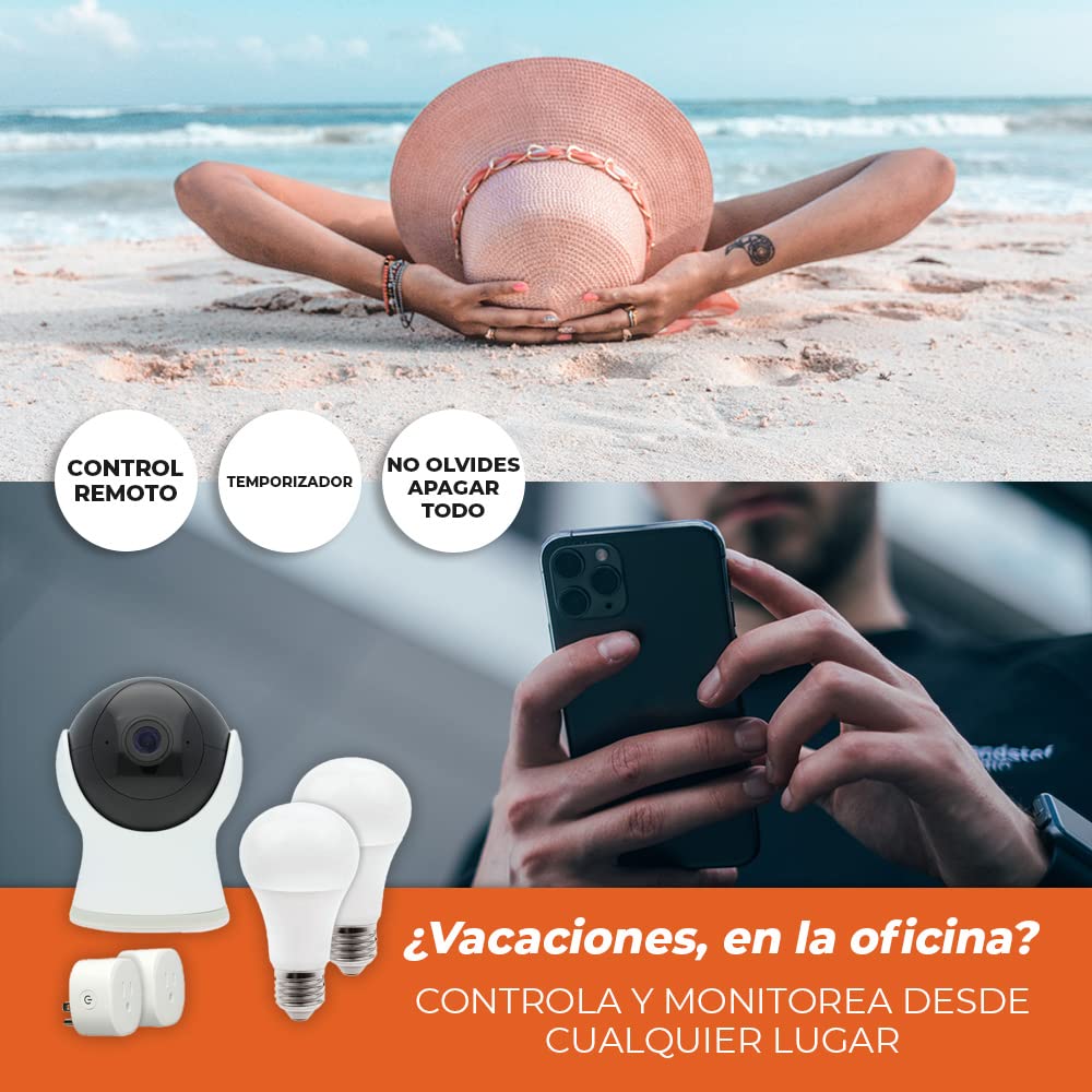 Tecnolite Connect - Kit de Control Básico que Contiene 1 Cámara de Monitoreo Interior, 2 Focos LED Inteligentes, 2 Enchufes Inteligentes, Todos en Color Blanco Compatible con App. Iluminación Interior