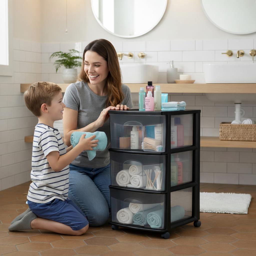 Italhome Cajonera FOX 3 de Plástico con Ruedas 3 Cajones Transparentes, Organizador Multiusos Móvil para Hogar y Oficina, Mueble Ligero Resistente, Color Negro