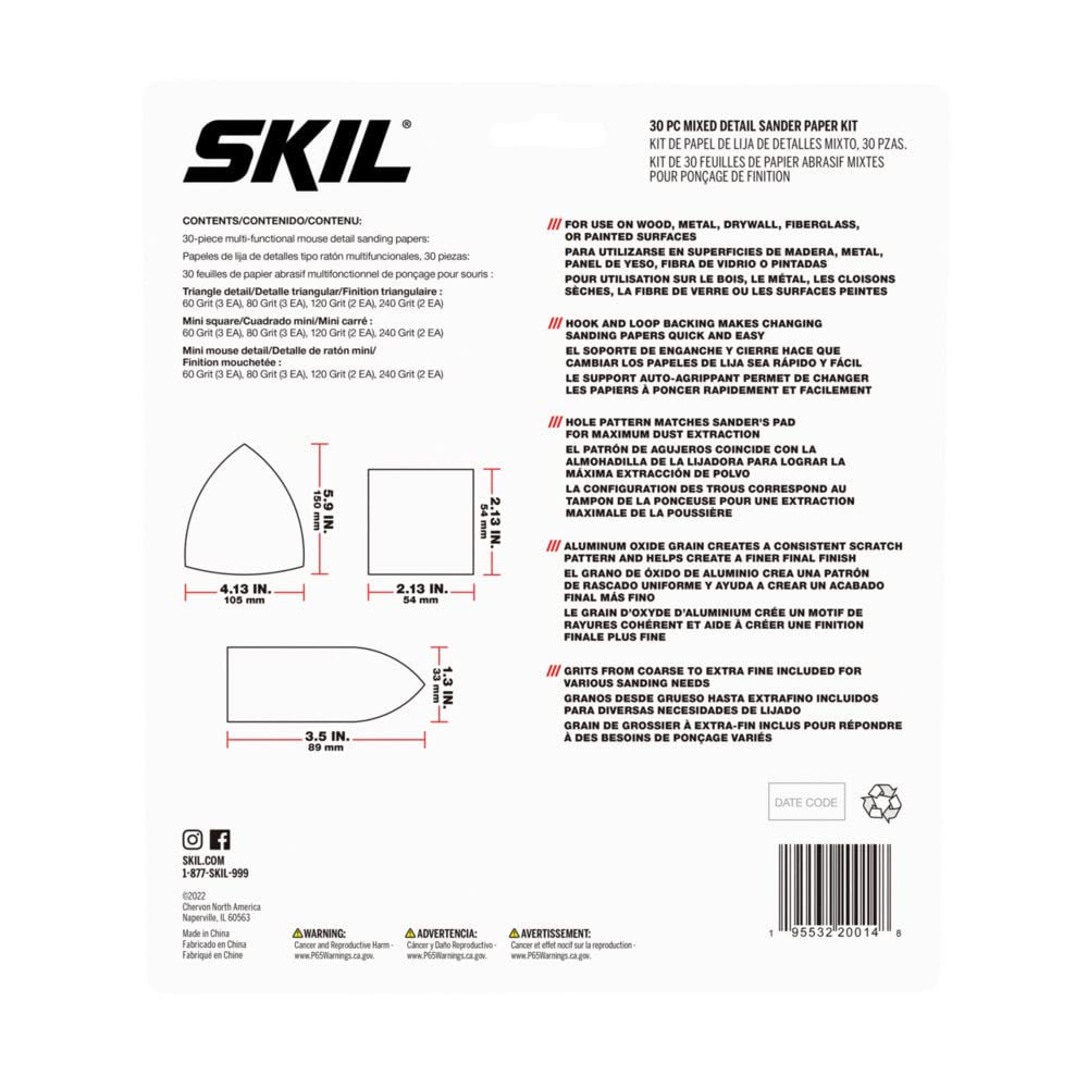 SKIL - Kit de papel de lija detallado de grano 60/80/120/240 para lijadoras SKIL SR232301 y SR6607B-10 - CDA9005