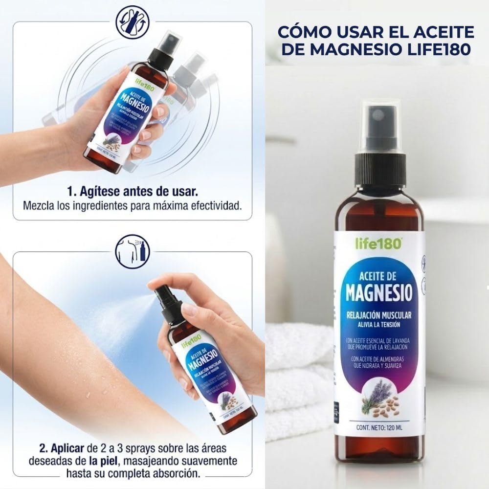 Life180 Aceite de Magnesio con Lavanda y Almendras en Spray 120ml | Cuidado Personal para la Relajación Corporal un Confort Diario que Hidrata y Suaviza la Piel