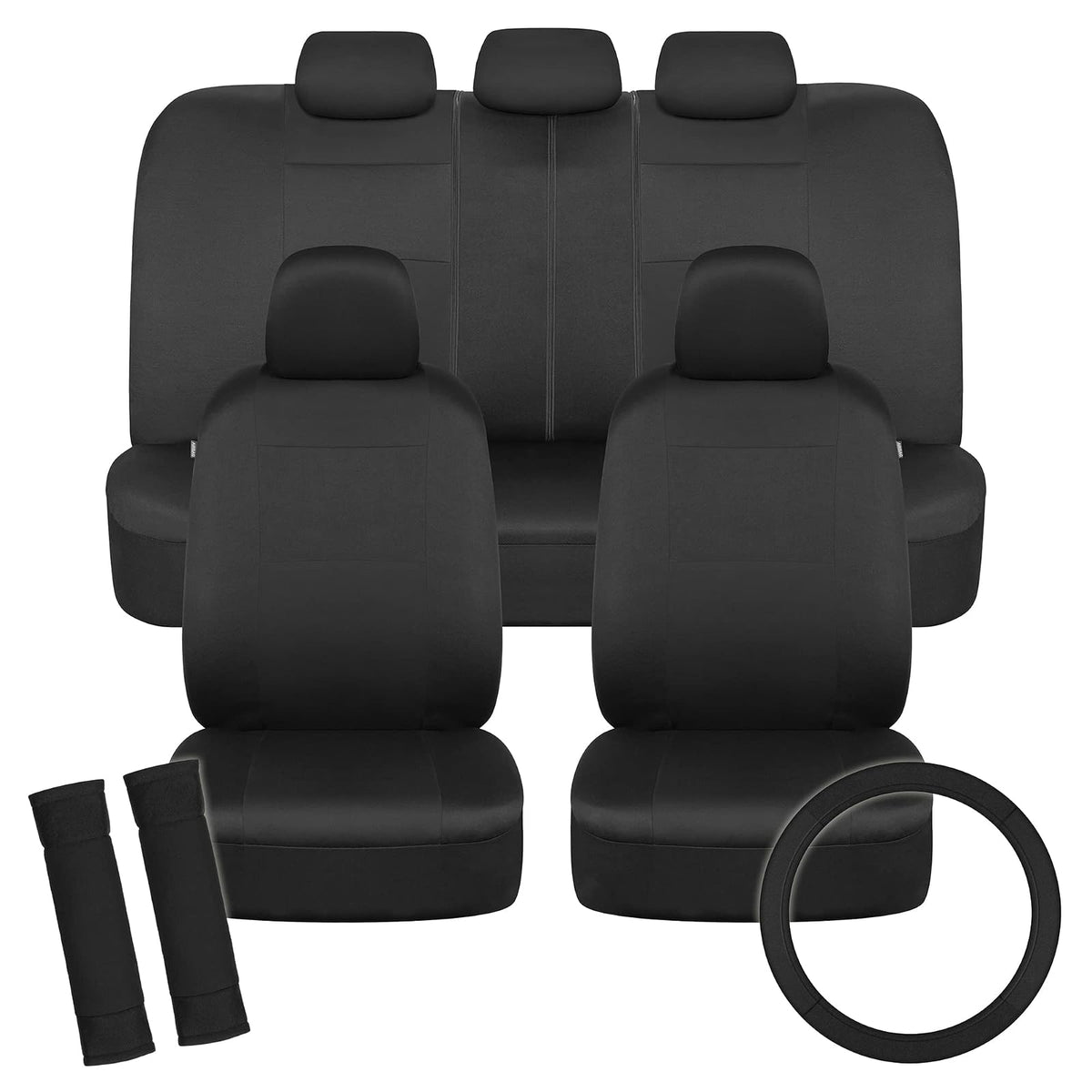 BDK PolyPro - Juego Completo de Fundas de Asiento de Automóvil en Color Negro sólido con Funda para Volante y Almohadillas para Orejas para cinturón de Seguridad, Funda para Asiento Delantero y Trasero, - Negro sólido