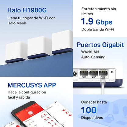 MERCUSYS TP-Link WiFi Mesh, Sistema WiFi de Malla para Todo el Hogar, AC1900, hasta 1300Mbps en 5GHz, Controles Parentales, Halo H50G(3-Pack)
