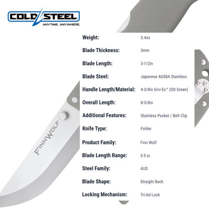 Cuchillo Plegable de Caza con Mango Verde Griv-Ex OD de 3.5 Pulgadas, AUS8A, de Acero frío, de 4.3 Pulgadas, AUS8A, en Caja