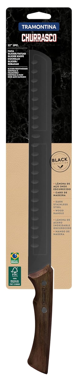 TRAMONTINA - Cuchillo Slicer Churrasco Black, con Lámina de Acero Inoxidable Oscurecido, Mango de Madera y Remaches de Acero Inoxidable, Cubierto para Cortes Grandes de Carne, Tamaño de 12"