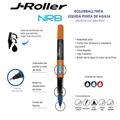 Zebra Bolígrafo J-Roller NRB Tinta Líquida Punta Aguja 0.5 m Clip metálico Caja 6 Piezas (Azul)