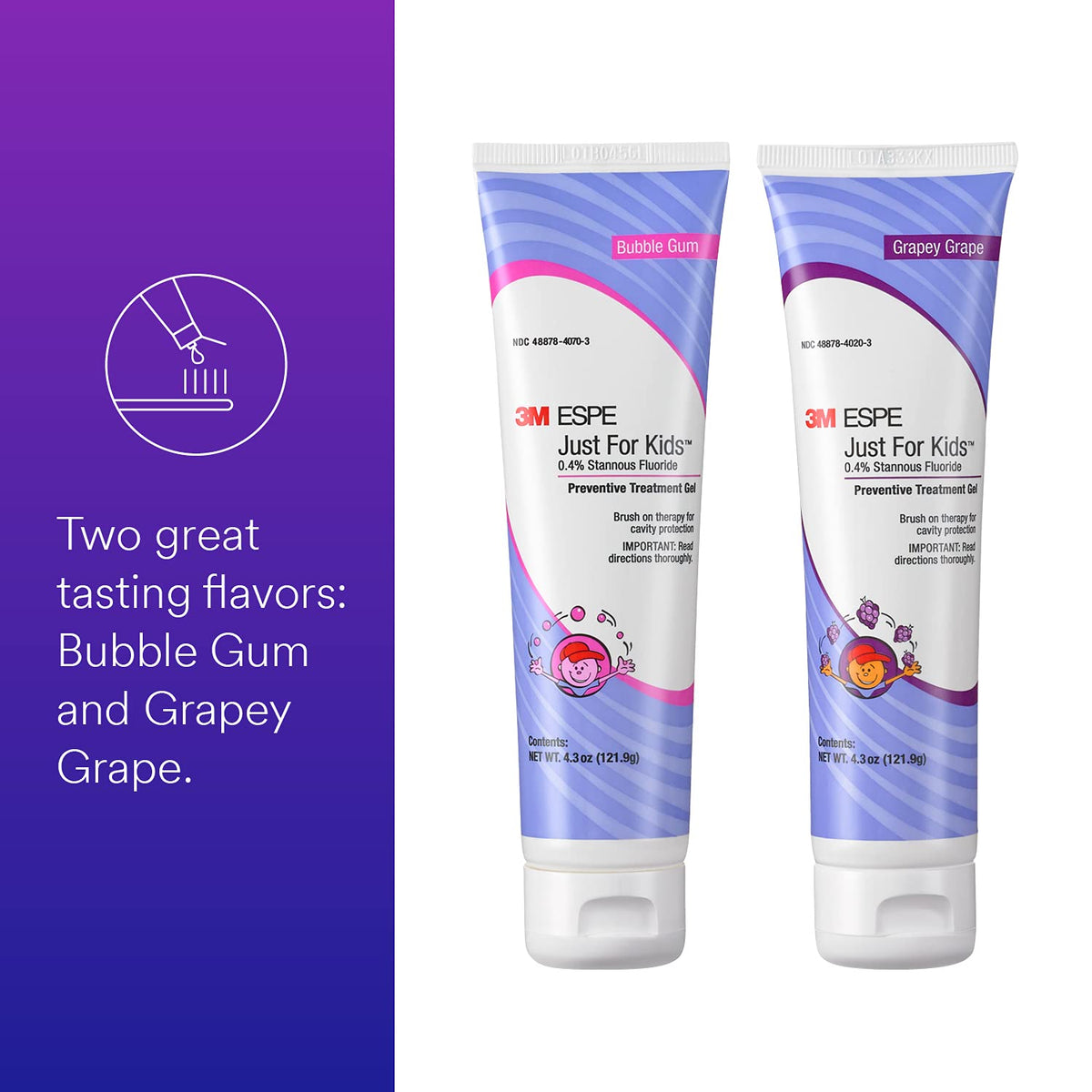 3M ESPE Just For Kids Gel Dental 12107G | Fluoruro estannoso 0.4%, sabor uva, 4.3 oz, recarga, aplicación con pincel