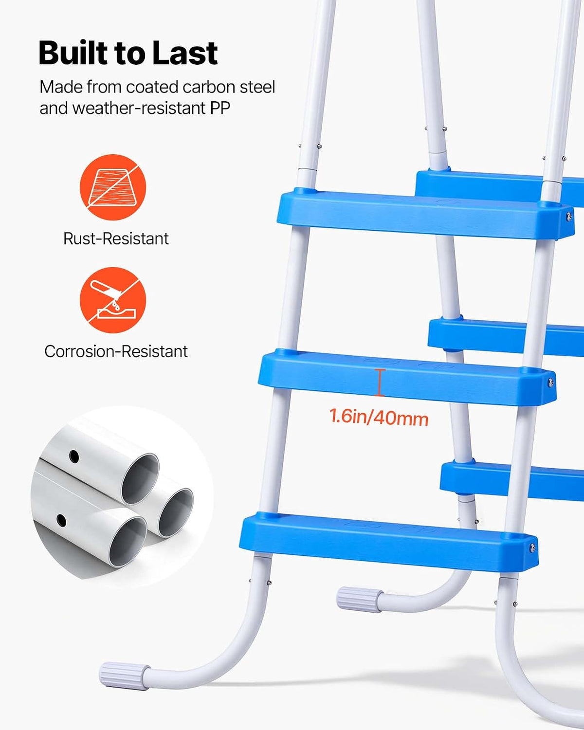 VEVOR Escalera para Piscina Desmontable de 3 Peldaños hasta 136 kg, Escalera de Seguridad de Acero al Carbono Antideslizante con Pasamanos Ergonómicos, Patas de Goma para Piscina Elevada de 91,4 cm