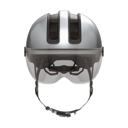 ABUS Casco Urbano HUD-Y Ace - Elegante Casco de Bicicleta con Visera y luz LED Trasera magnética y Recargable - para Hombre y Mujer - Plata, Talla M