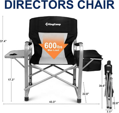 KingCamp Silla Director XXL Extra Grande con Mesa Lateral, Silla de Camping Reforzada 600 LB con Bolsa Térmica, Plegable y Portátil con Asiento Ancho para Camping, Pesca, Jardín y Deportes