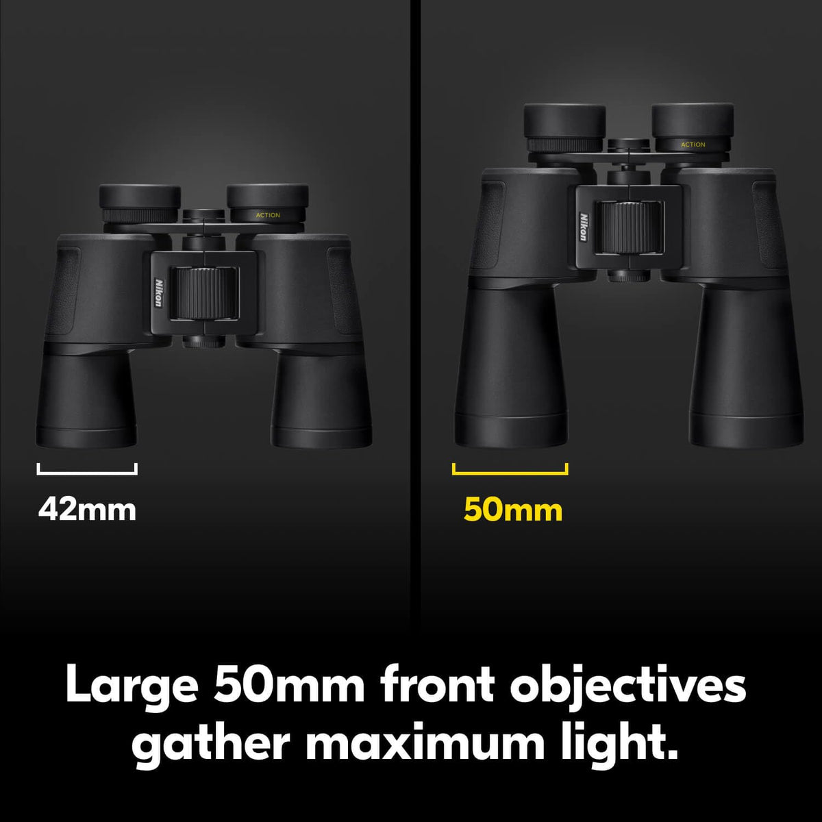 Nikon Action - Binocular de 12 x 50 | Óptica Revestimiento múltiple, Aumento de 12x de Alta Potencia, Lentes de Lente de 50 mm, Lentes Ajustables de Giro y Deslizamiento y diseño
