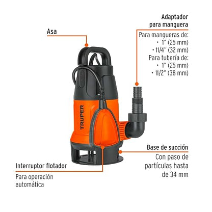 Truper BOS-1/2SP, Bomba sumergible plástica, 1/2 HP para agua sucia