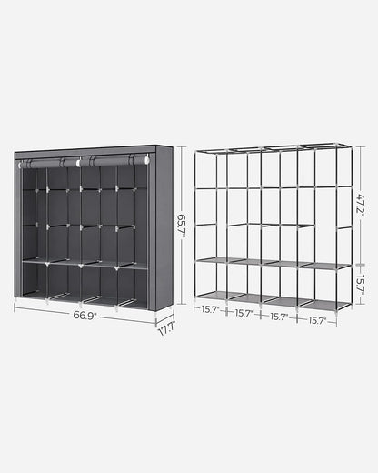 SONGMICS - Organizador portátil para clóset con Cubierta, 4 Varillas y estantes, 4 Bolsillos Laterales, 66.9 x 17.7 x 65.7 Pulgadas, Gran Capacidad para recámara, Sala de Estar, Gris URYG094G02