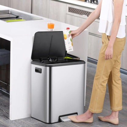 MOVECOM - Bote de basura doble de 2 x 4 galones (30 litros) y cubeta de reciclaje, bote de acero inoxidable con tapa de cierre suave, cubos interiores extraíbles, cubeta de basura para la oficina en