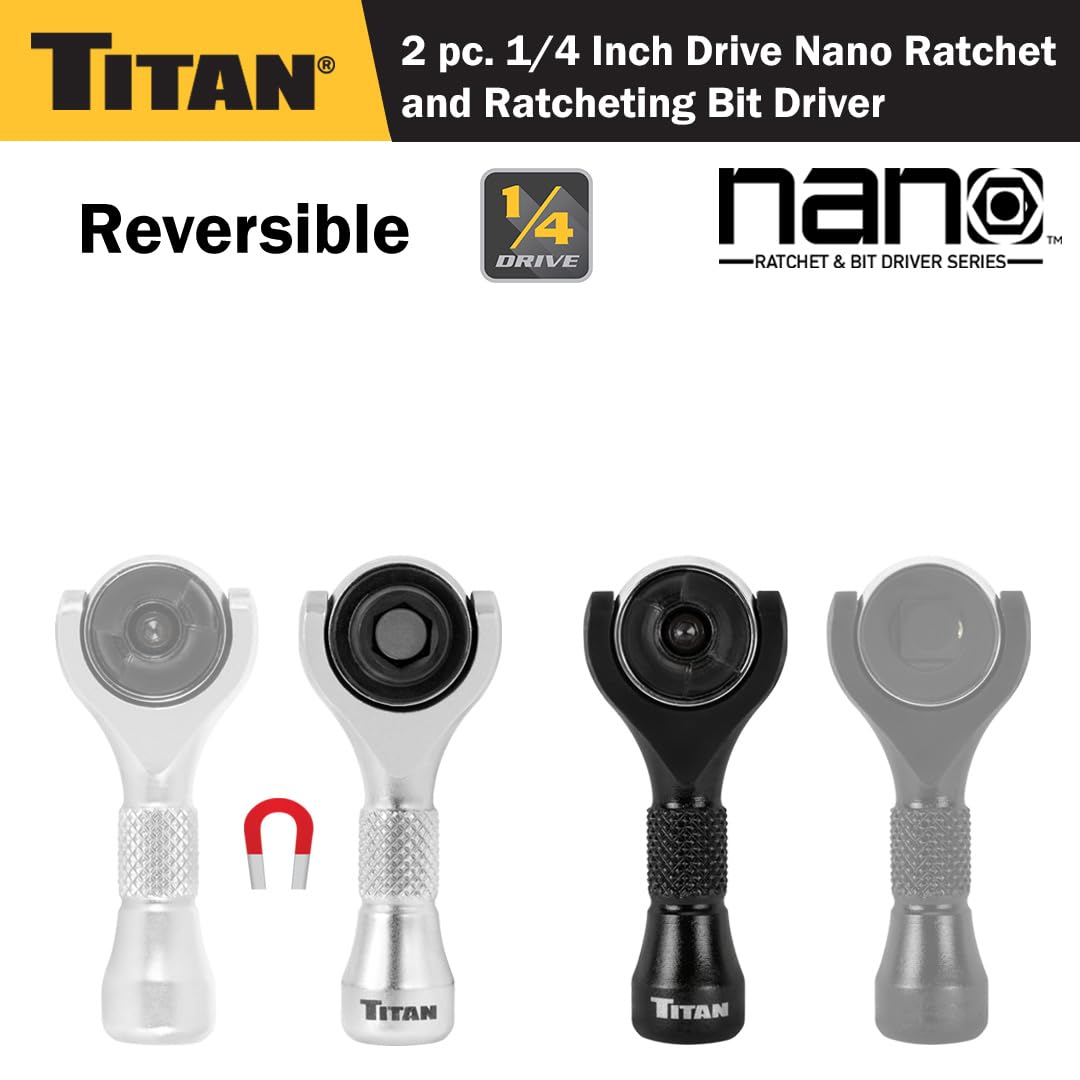 Titan 11332 Juego de 2 piezas: matraca nano de 90 dientes y destornillador de brocas con cabeza giratoria, cuadro de 1/4 pulgadas x 2-1/4 pulgadas (6.35 mm x 57.15 mm)