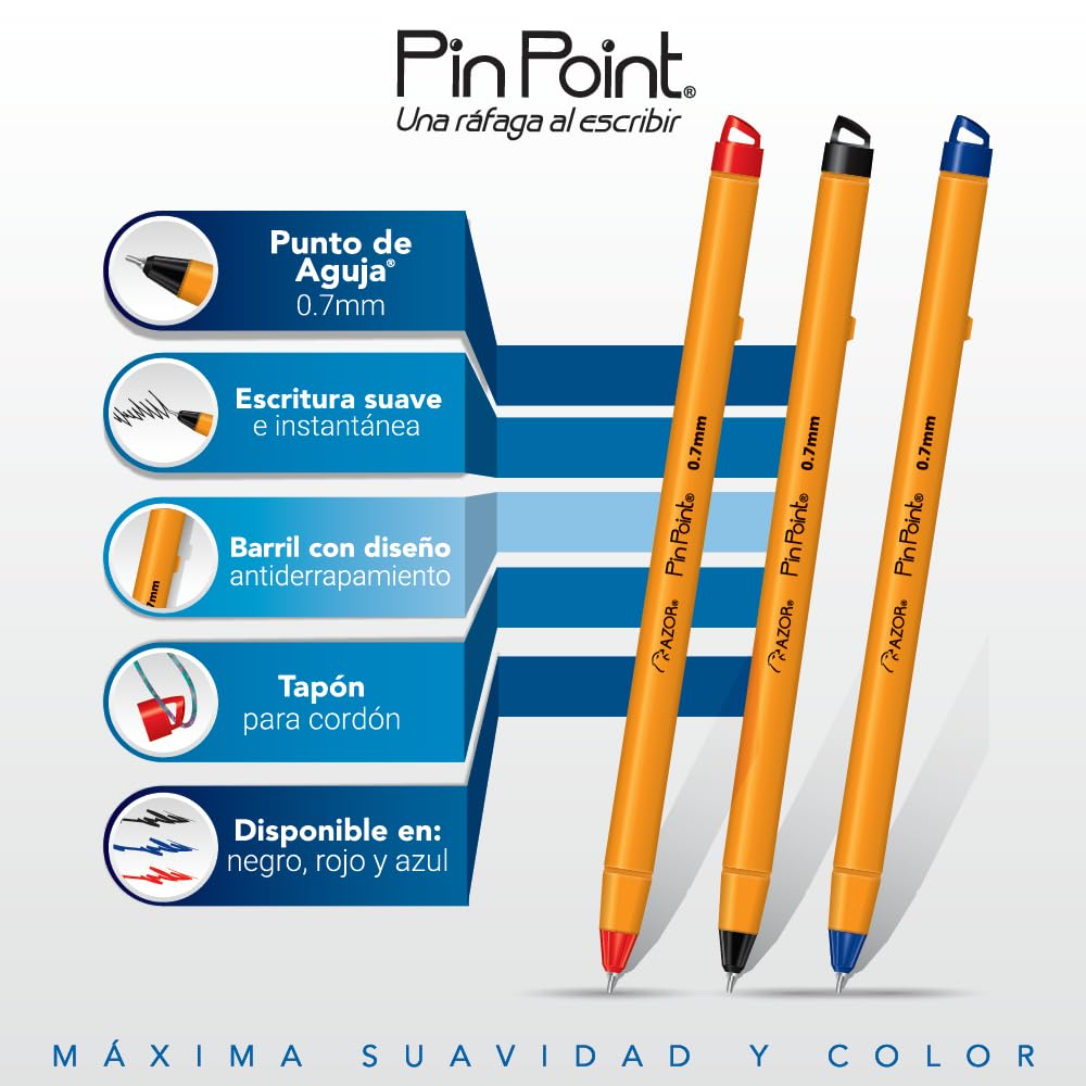AZOR - Boligrafo De Punto Fino, 50 Piezas, Plumas, Punto Fino, .7 mm, Colores, 30 (Negro) 15 (Azul) 5 (Rojo), PinPoint 301.6825CS.