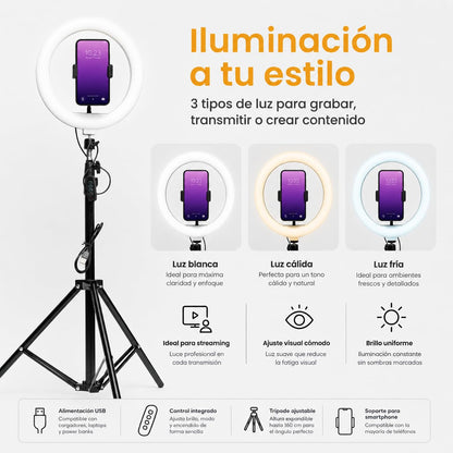 Perfect Choice Aro de luz led 10" con Base expandible y tripié para Streaming PC-120407 Lumeria