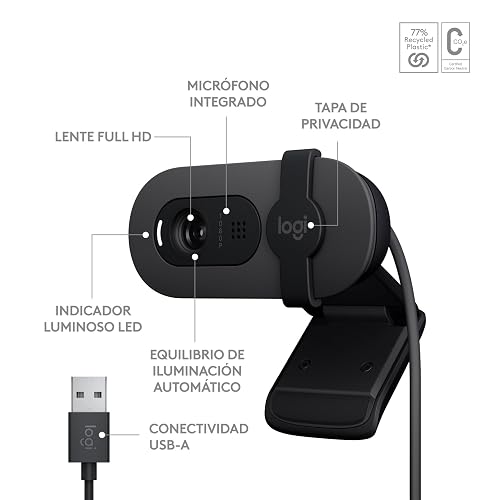 Logitech Brio 100, Webcam 1080p Full HD para Reuniones, Webcam para Streaming, Equilibrio de lluminación Automático, Micrófono Integrado, Tapa de Privacidad, USB-A, Color Grafito