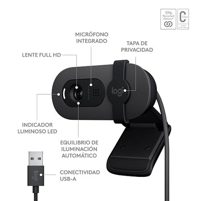 Logitech Brio 100, Webcam 1080p Full HD para Reuniones, Webcam para Streaming, Equilibrio de lluminación Automático, Micrófono Integrado, Tapa de Privacidad, USB-A, Color Grafito