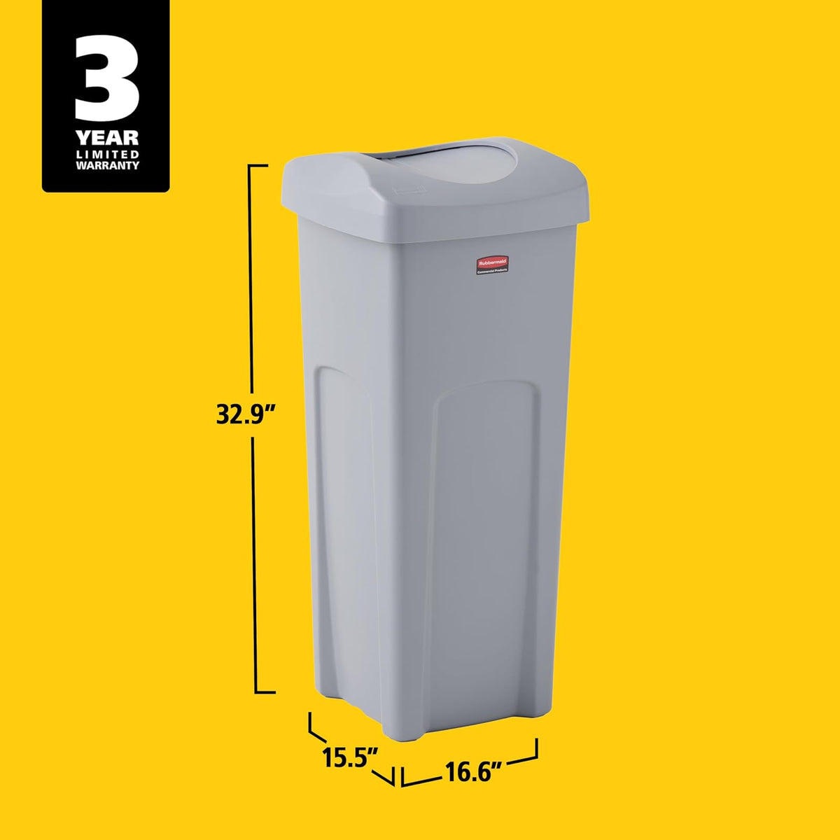 Rubbermaid Commercial Products Untouchable® – Contenedor Cuadrado con Tapa Abatible sin Contacto, Bote con Canales de Ventilación para una Fácil Extracción de Bolsas, Capacidad de 87 L, Gris 2143862