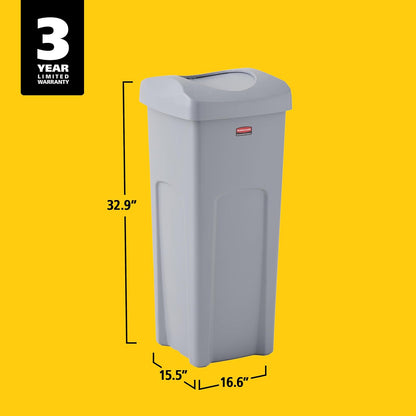 Rubbermaid Commercial Products Untouchable® – Contenedor Cuadrado con Tapa Abatible sin Contacto, Bote con Canales de Ventilación para una Fácil Extracción de Bolsas, Capacidad de 87 L, Gris 2143862