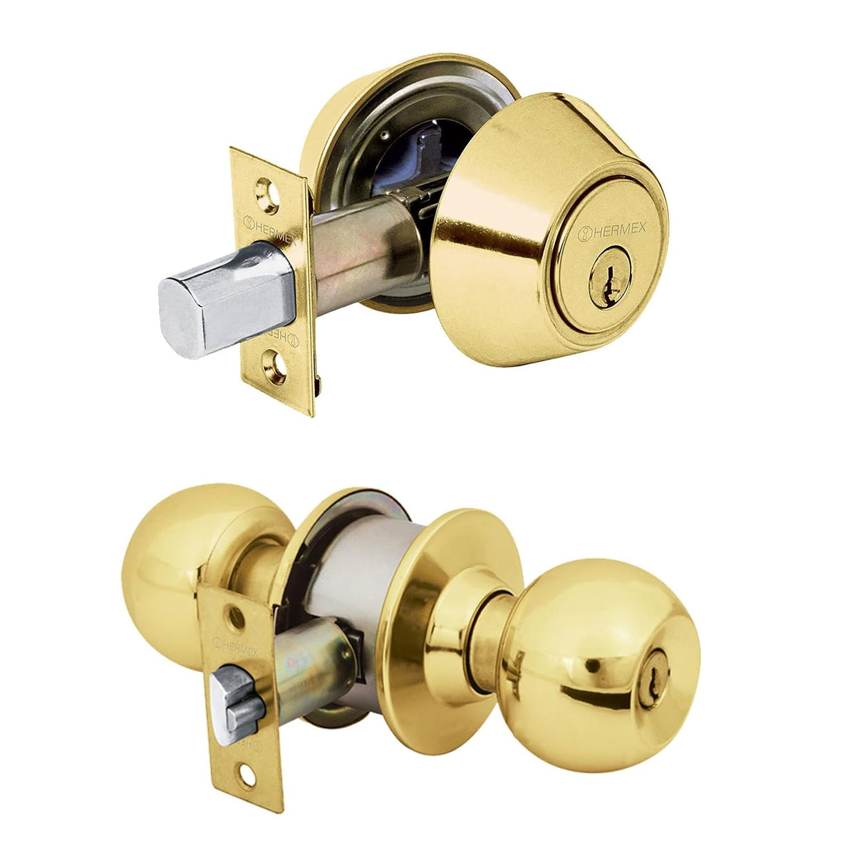 Hermex Combo de Cerraduras para Puerta CMB-62P - Latón brillante - Llave-llave