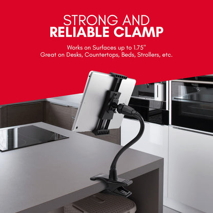Macally Flexible y Ajustable Cuello de Cisne Clip en computadora o Mesa de Cocina Soporte para Soporte de Abrazadera para iPad Air, Montaje en Clip | Negro, Negro